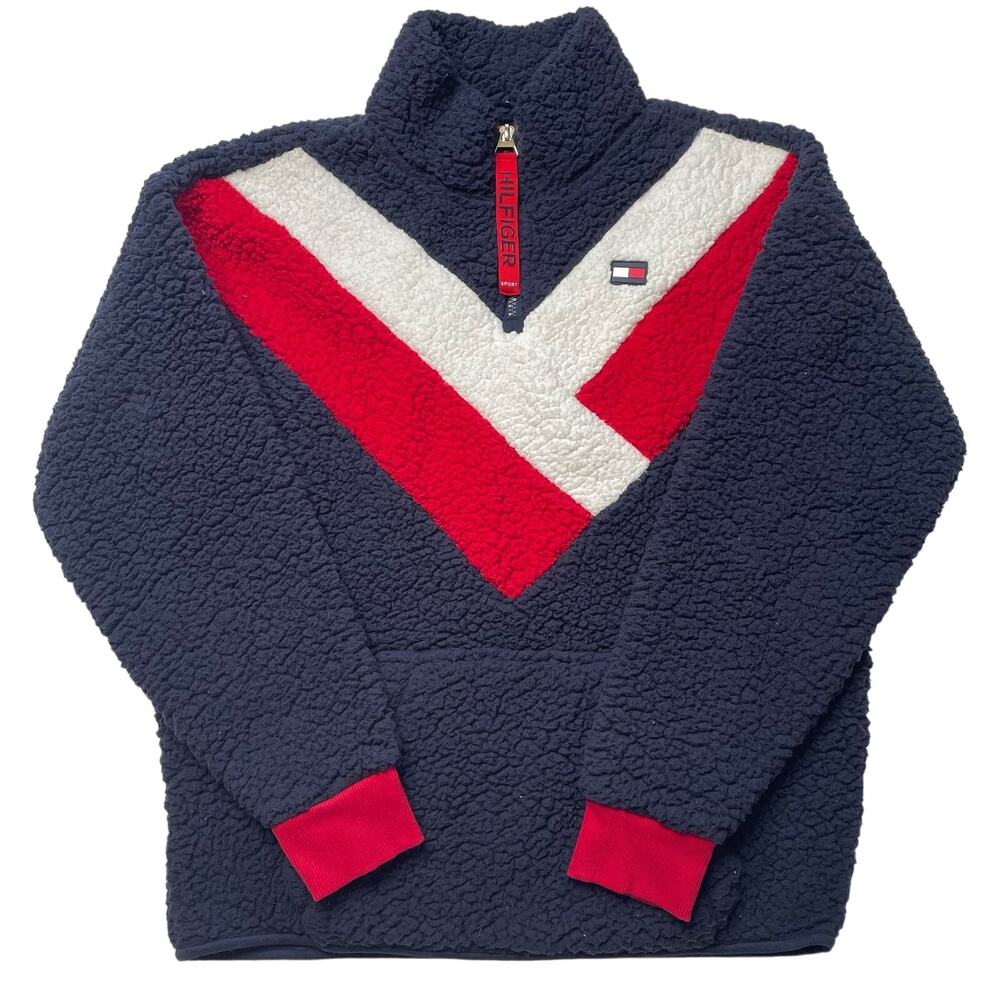 Tommy Hilfiger Colorblock Sherpa Fleece Quarter Zip Jacket Size XS Warm Comfy